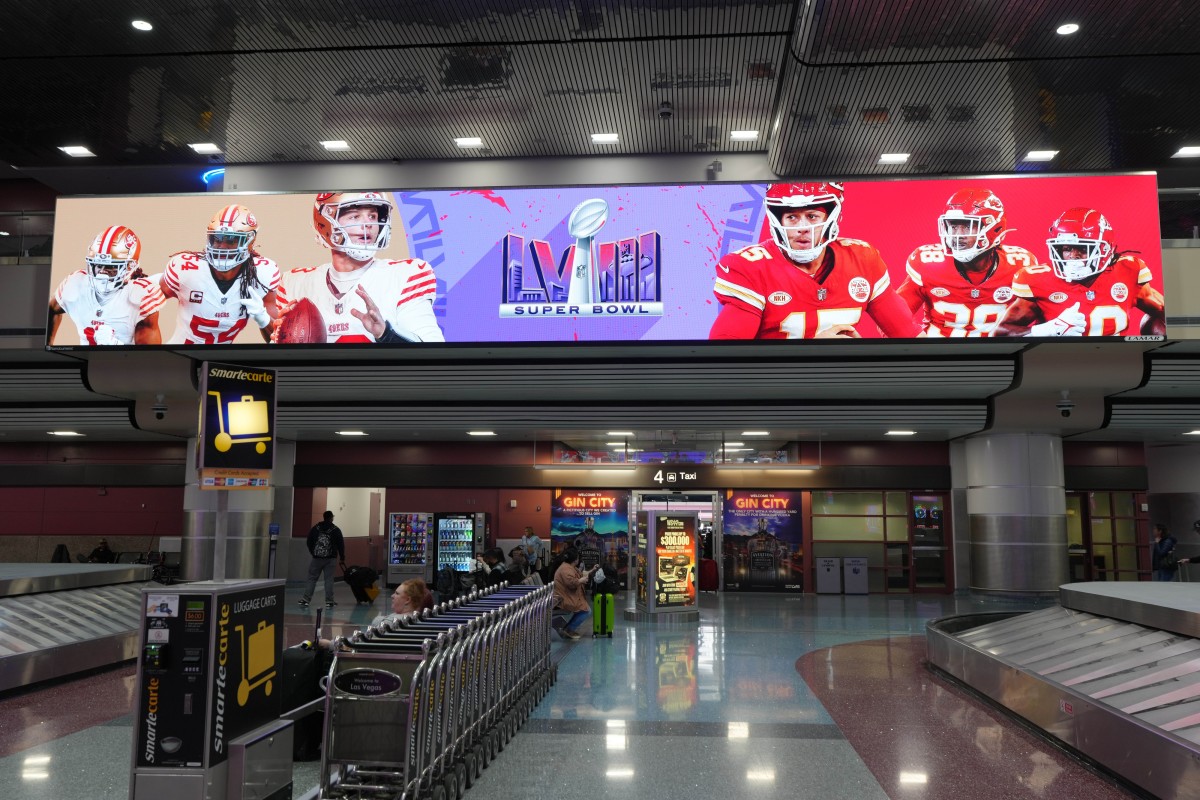Feb 4, 2024; Las Vegas, NV, USA; A video display featuring images of San Francisco 49ers quarterback Brock Purdy and Kansas City Chiefs quarterback Patrick Mahomes. Mandatory Credit: Kirby Lee-USA TODAY Sports